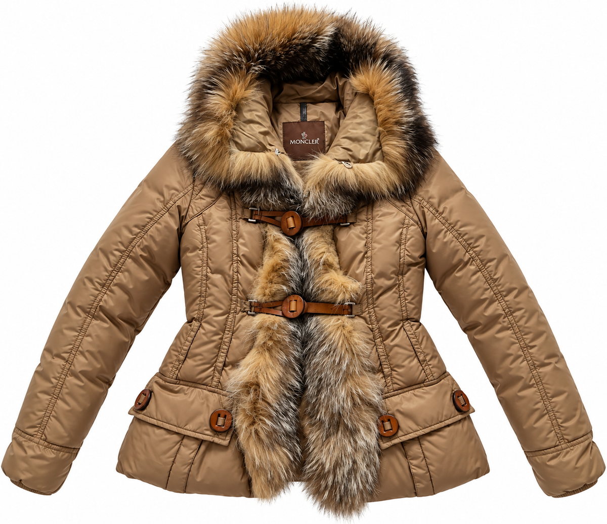 Moncler Brown Camel Fur Trim Down Puffer Jacket Coat Size 0 ladies