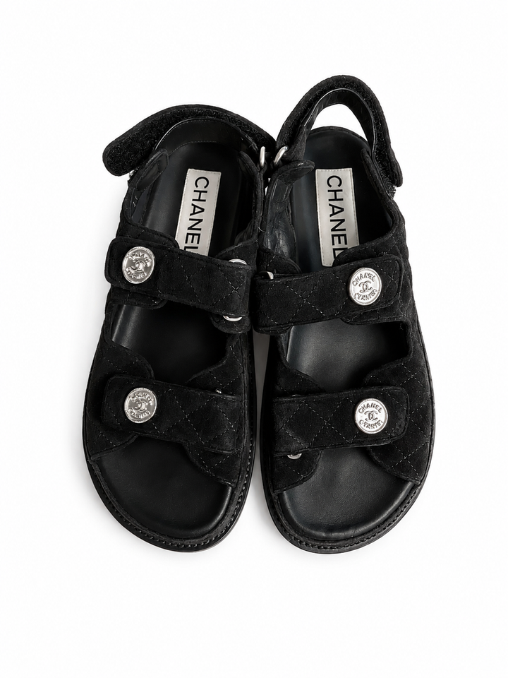 Chanel Suede Leather Dad Sandals in Black Size 38 1/2 UK 5.5 US 8.5 ladies