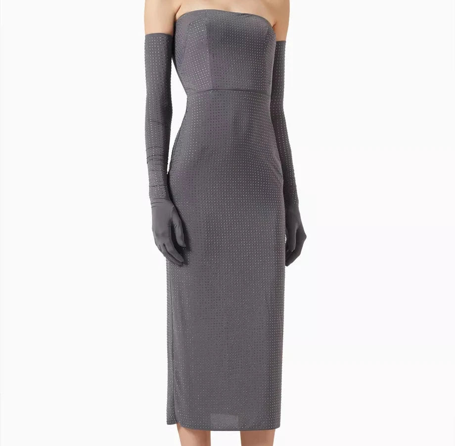 Alex Perry Strapless Midi Dress in Crystal Jersey with gloves Size UK 10 ladies