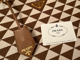 Prada Jacquard Saffiano Triangolo Symbole Embroidered Large Tote Bag in Brown Tobacco ladies