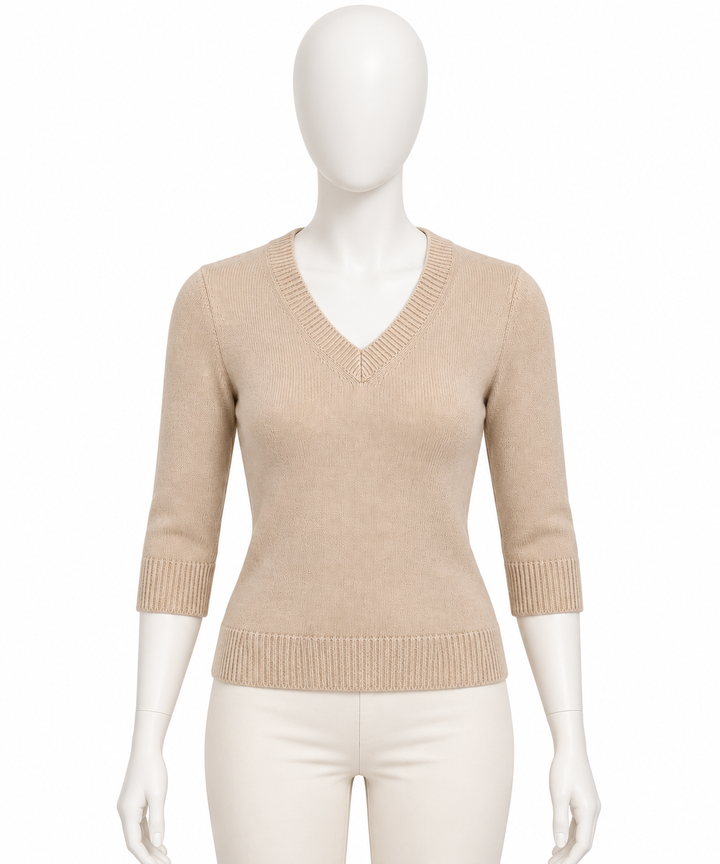 Women’s Beige Cashmere Feel V-Neck Pullover – Size XS/S ladies