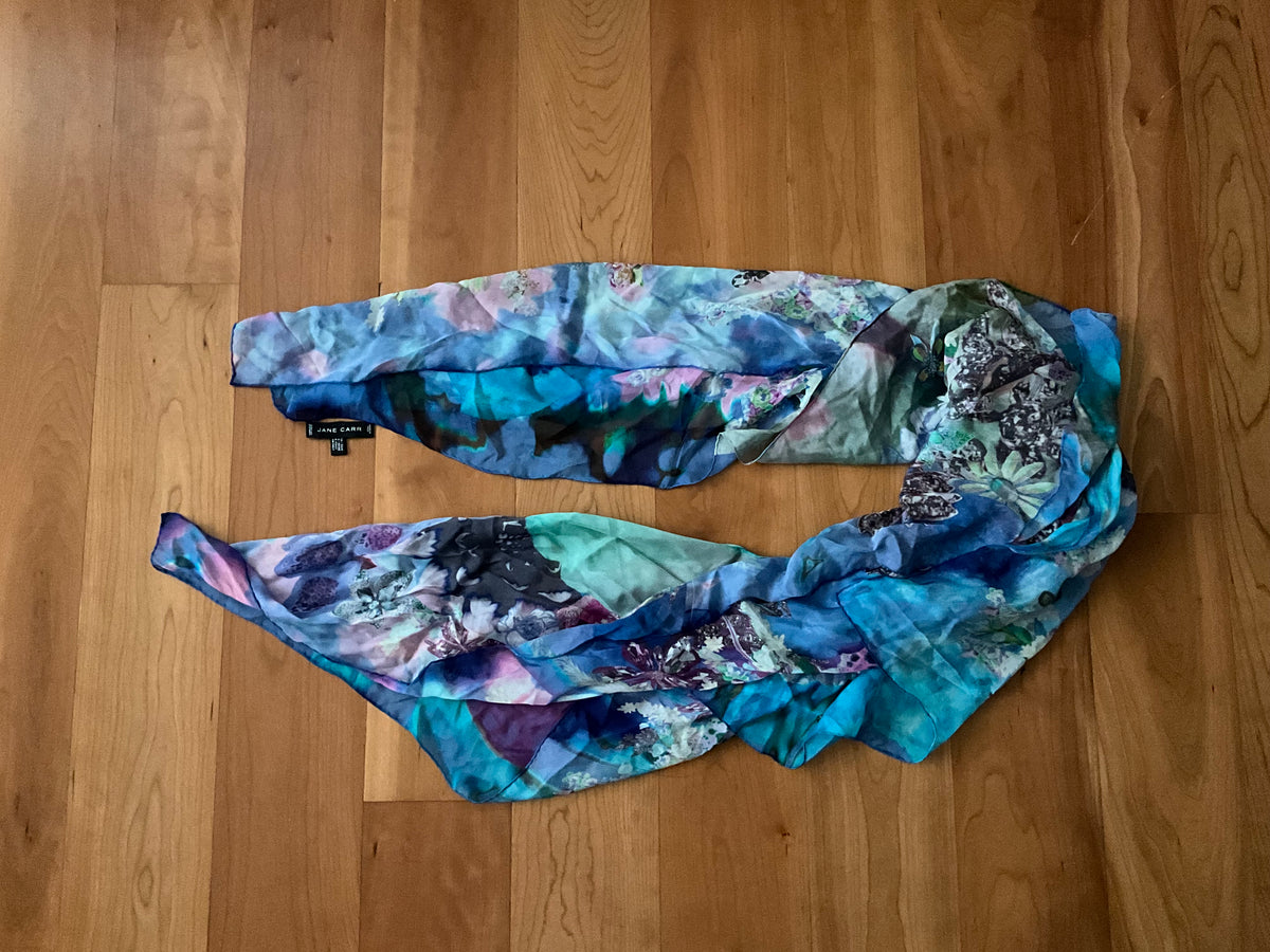 Jane Carr Printed Shawl Scarf in blue chiffon silk extra large 70.9 x 51.2 inch ladies