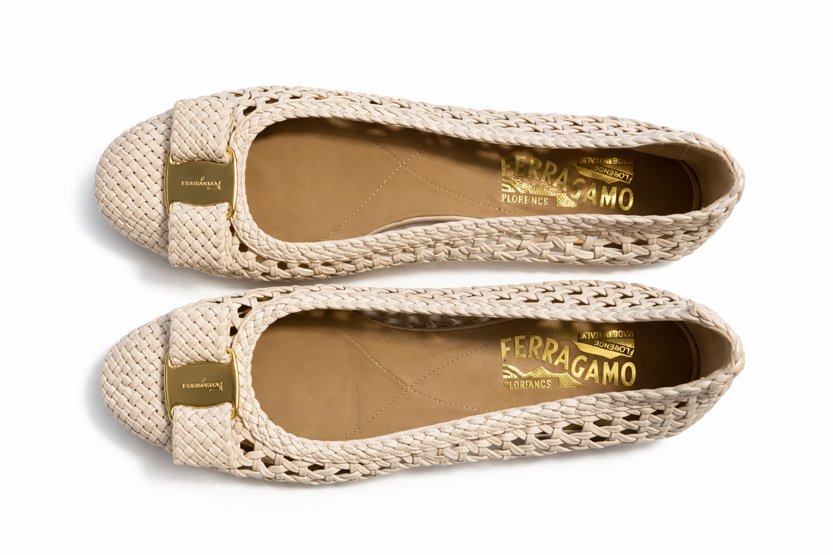 Salvatore Ferragamo New Vara Plated Ballet Flat Shoes Size 7 1/2 ladies