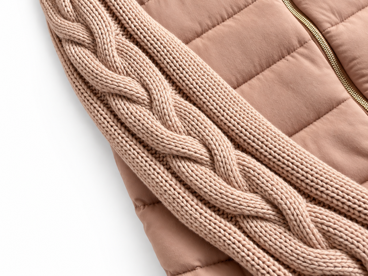Herno Cashmere & Silk Quilted Down Jacket with Cable Knit Sleeves – Size IT 42 ladies