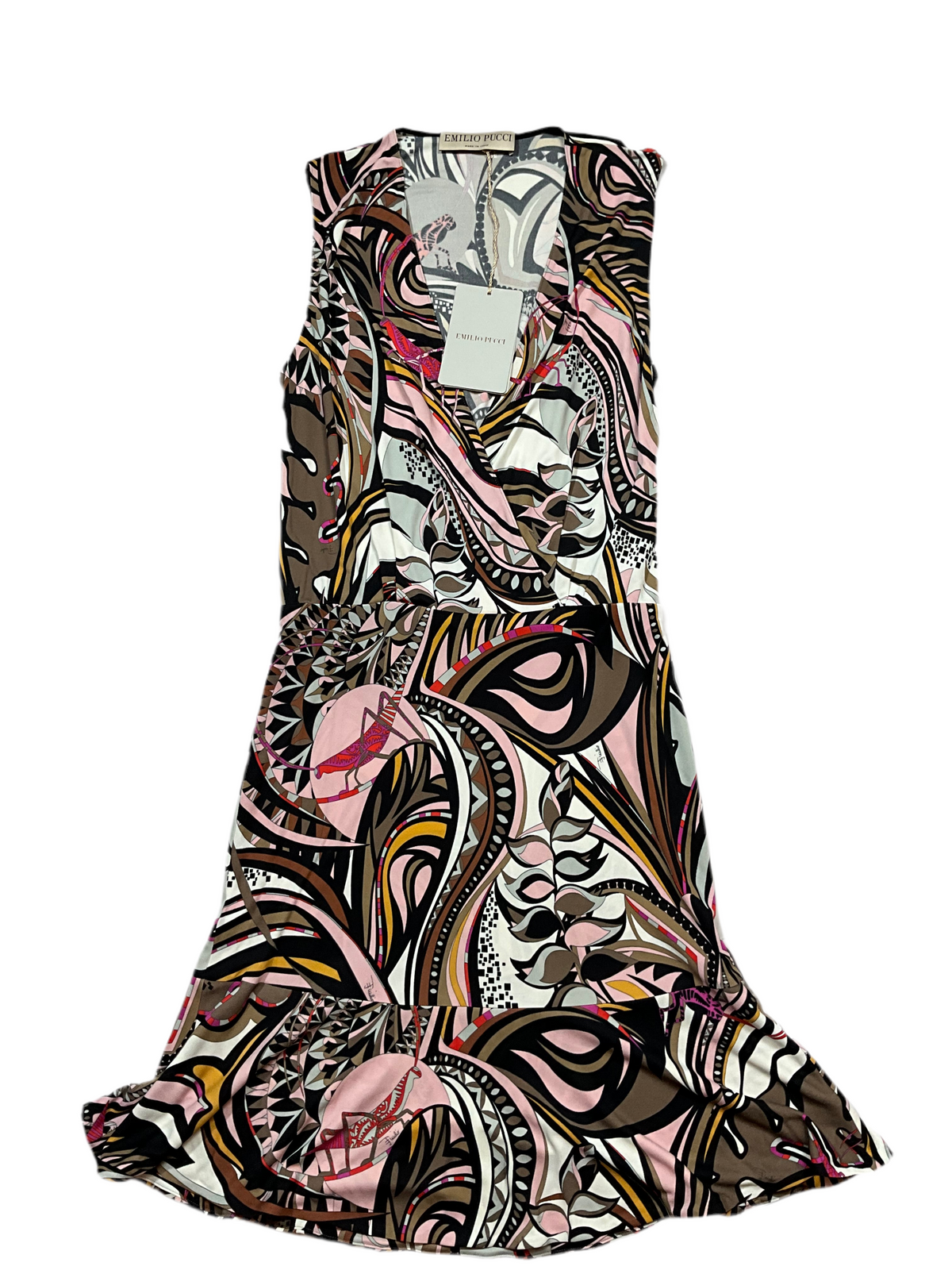 Emilio Pucci White Brown Red Pink Grasshopper Print A-Line Mini Dress Size I 40 ladies