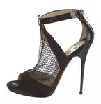 Jimmy Choo Black Mesh & Leather Bow Accent Peep Toe Bootie Heel Size 39.5 ladies