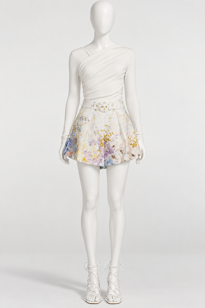 Zimmermann Rhythmic Tuck High-Waisted Floral Linen Shorts – Size 2 / UK 12  ladies