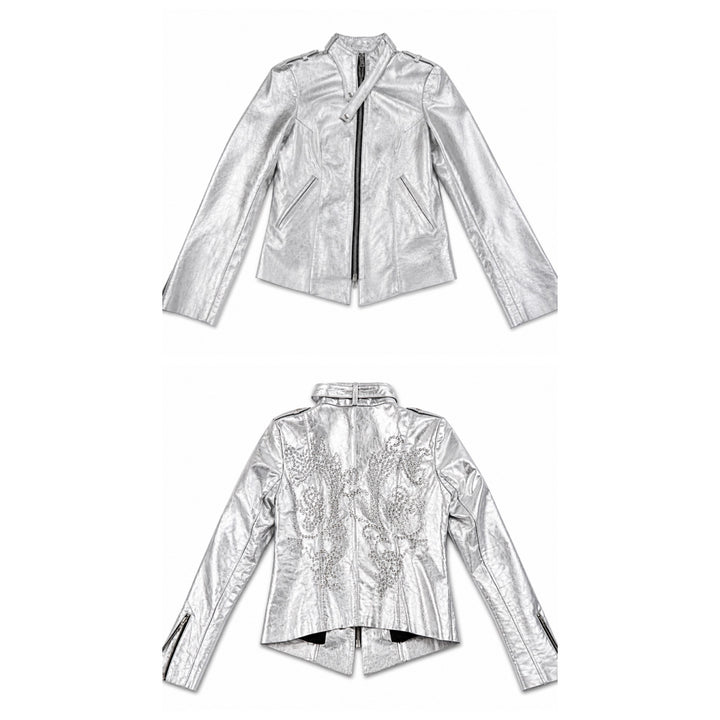 Secret Circus Silver Leather Crystals Biker Jacket size XS ladies