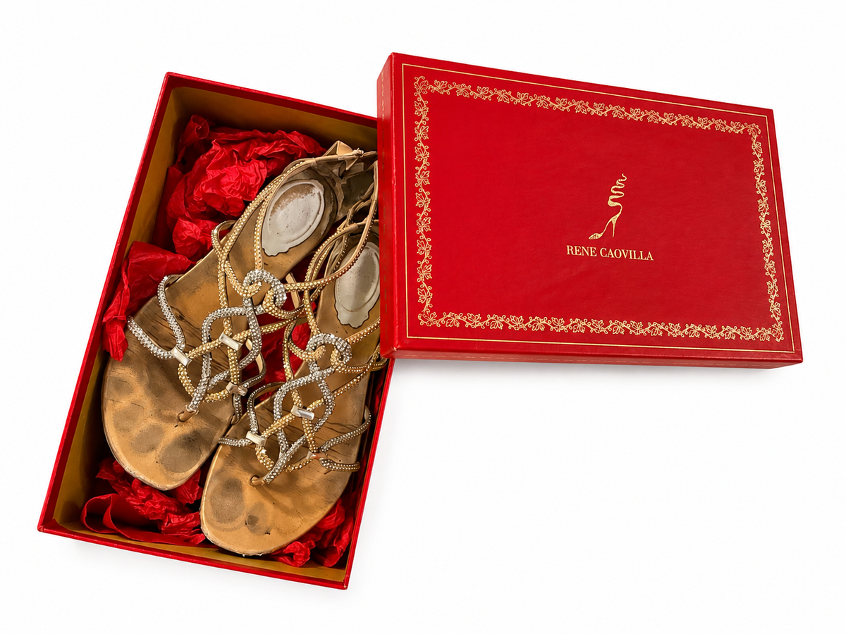René Caovilla Crystal Embellished Flat Sandals – Gold – EU 36 ladies