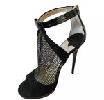 Jimmy Choo Black Mesh & Leather Bow Accent Peep Toe Bootie Heel Size 39.5 ladies