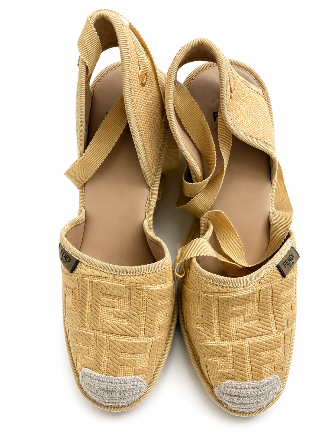 Fendi Raffia FF Embroidered Roma Ankle Wrap Espadrille Wedges size 39 ladies