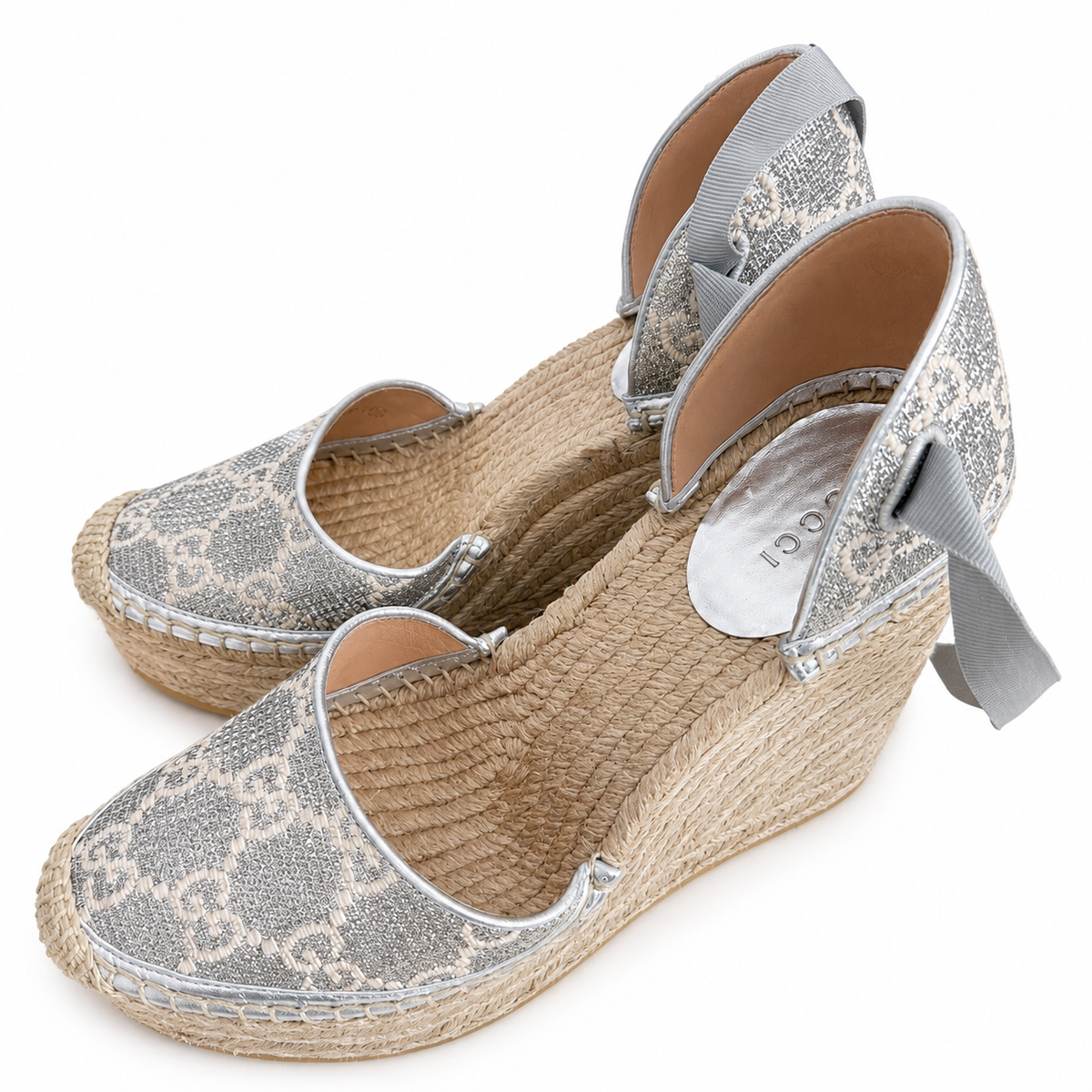 Gucci Silver Glitter Espadrille Wedge Sandals with Tie Closure size 38 ladies