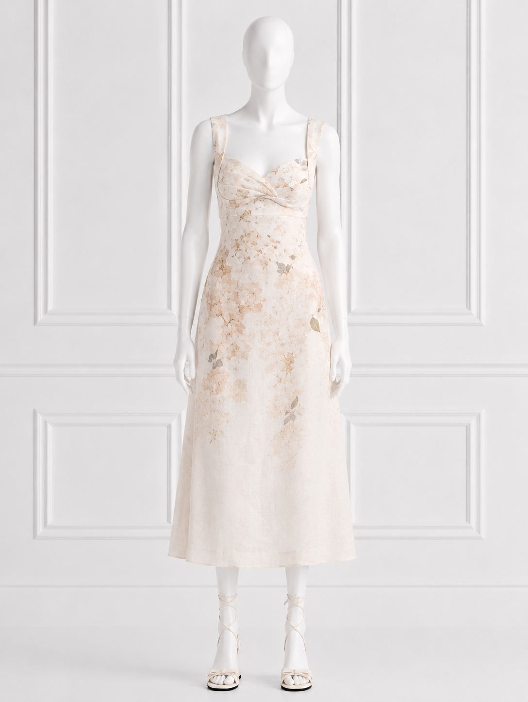 Zimmermann Balance Floral Linen Midi Dress – White Hydrangea (2026 Collection)