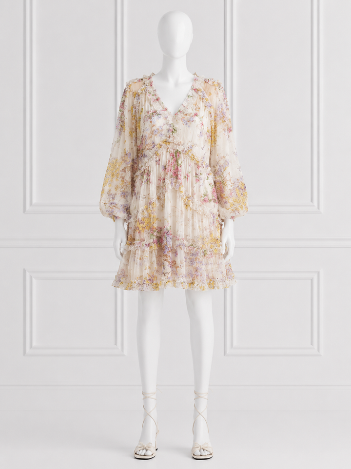 Zimmermann Jude Silk Frill Billow A-Line Mini Dress – Floral Print ladies