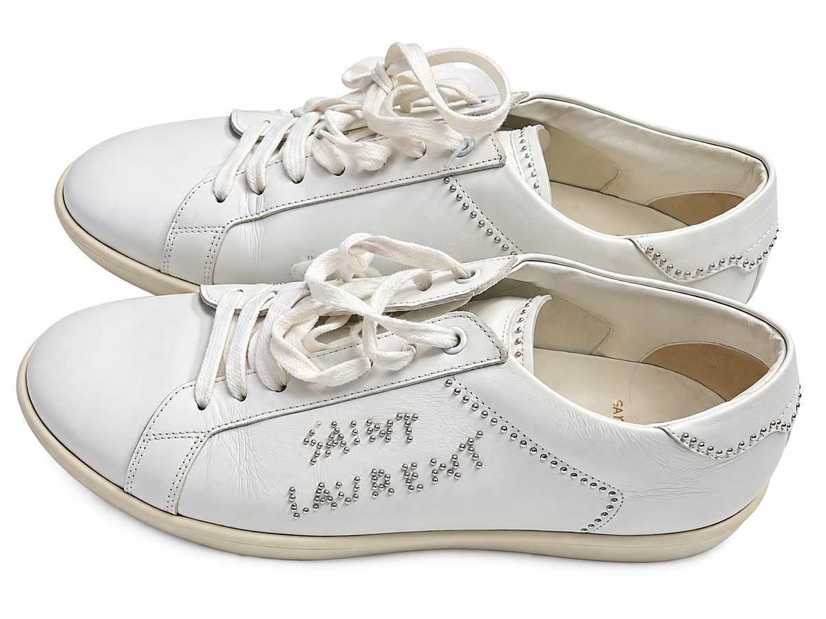 Saint Laurent Paris Men’s White Leather Studded Trainers – Size EU 43 men