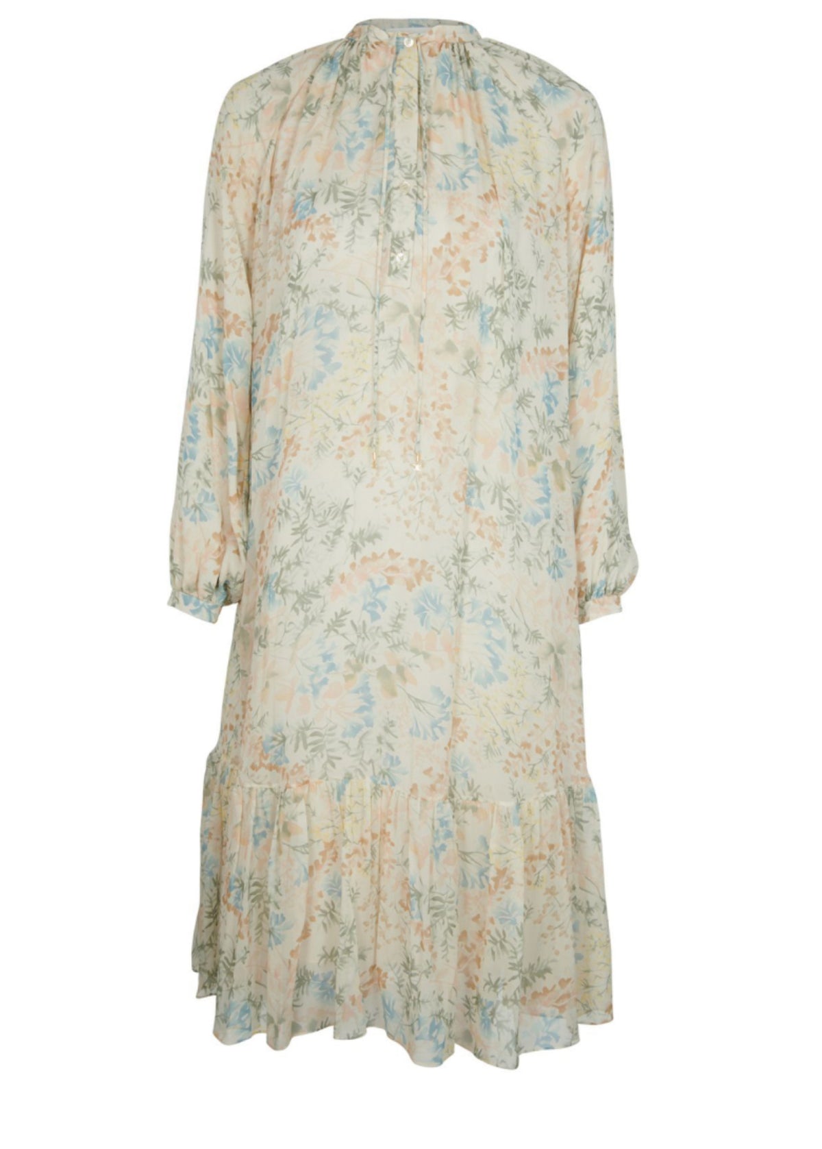 CELINE SILK-CHIFFON MIDI DRESS IN FLORAL MOTIF WITH BOTTOM RUFFLE Size F 34 ladies