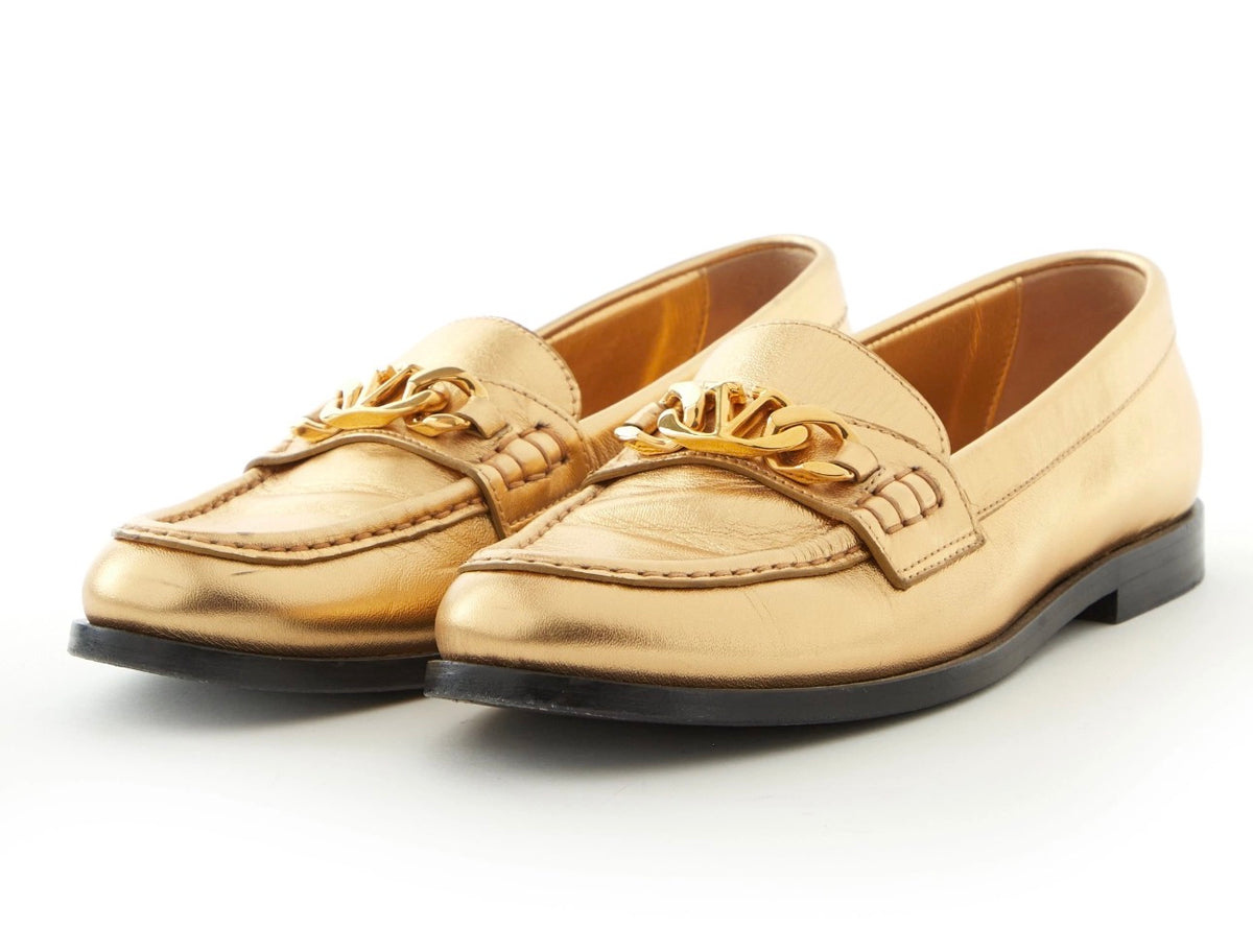 Valentino Metallic Gold Leather VLogo Chain Loafers – Size EU 36½ ladies