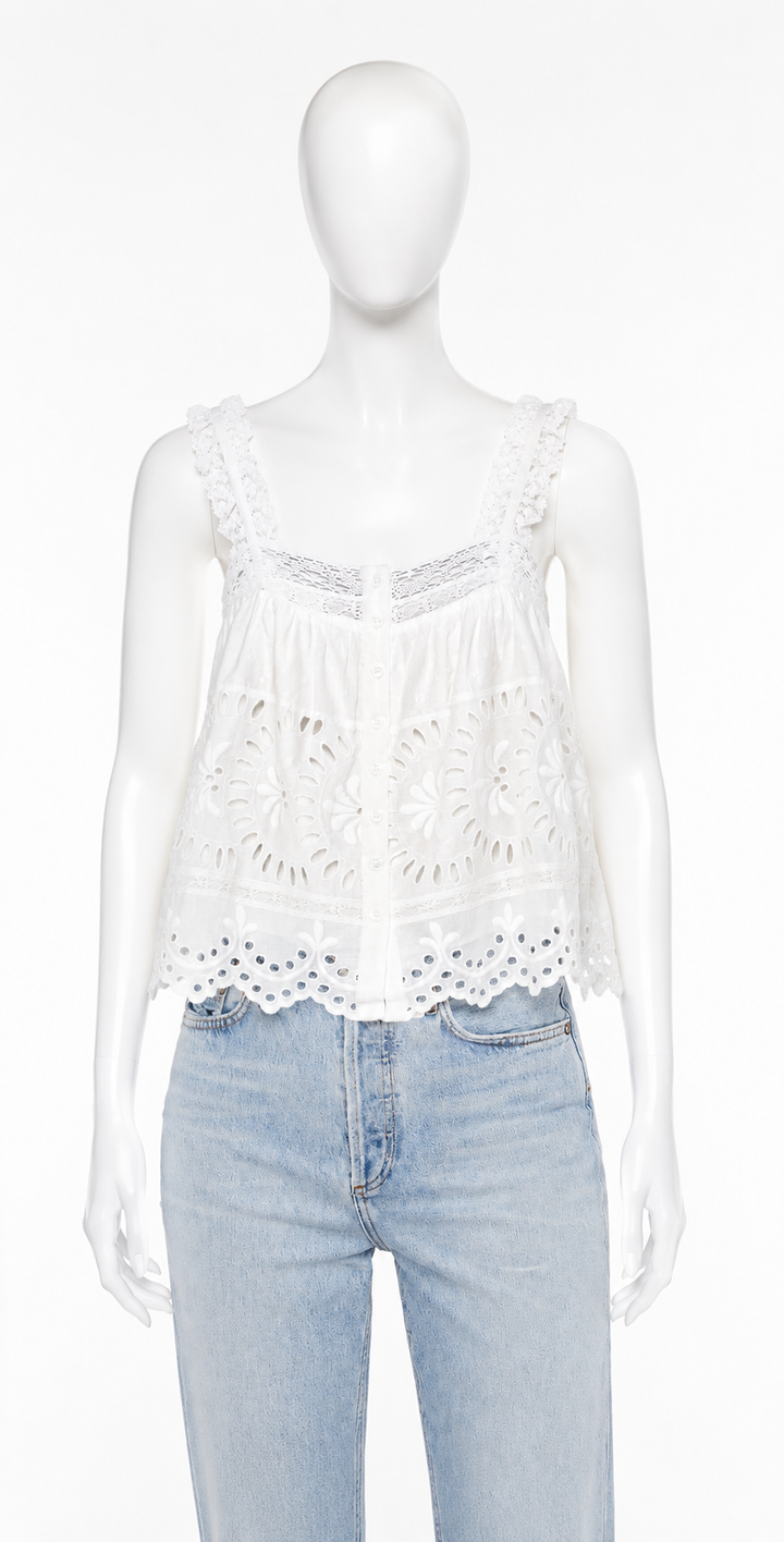 LoveShackFancy Luanne Crochet-Trimmed Embroidered Cotton Voile Top size M medium ladies