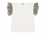 Emilio Pucci White Cotton T-Shirt with Printed Silk Ruffle Sleeves – Size S ladies