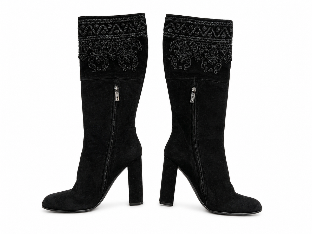 ETRO BLACK SUEDE EMBROIDERED KNEE LENGHT BOOTS SIZE 38 LADIES