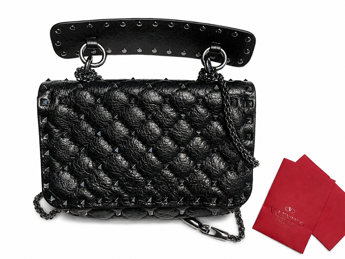 Valentino Garavani Craquele Nappa Small Rockstud Spike Shoulder Bag – Black ladies