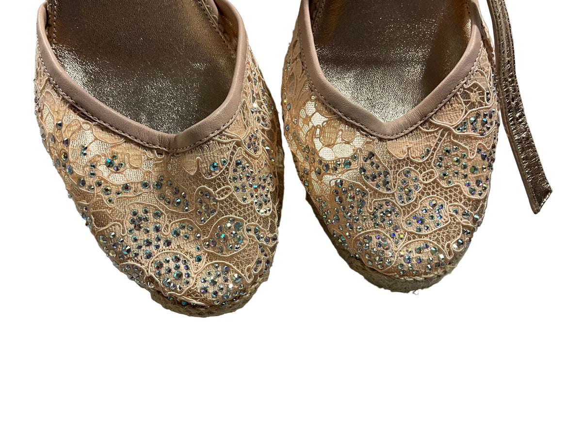 LE SILLA ESPADRILLES WEDGES LACE CRYSTALS SHOES SIZE 38 LADIES