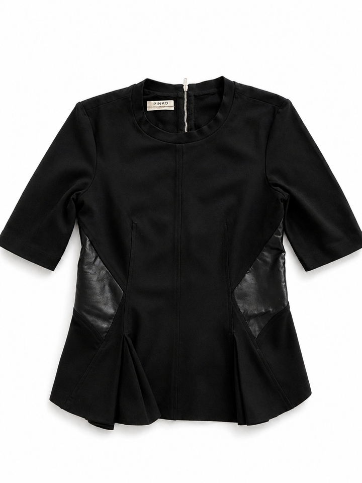 PINKO black peplum faux leather insert blouse top size I 44 UK 12 US 8 ladies