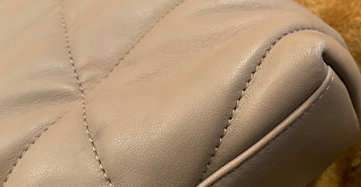 YSL Saint Laurent Lambskin Quilted Small Loulou Puffer Monogram Chain Satchel Beige Ladies
