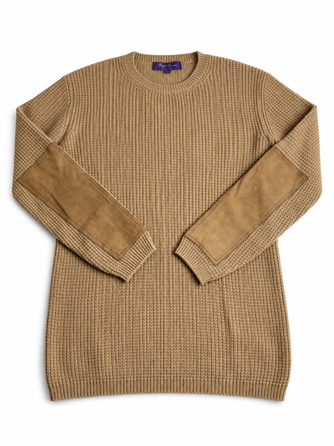 Ralph Lauren Collection Camel Cashmere Jumper with Suede Elbow Patches – Size XS ladies