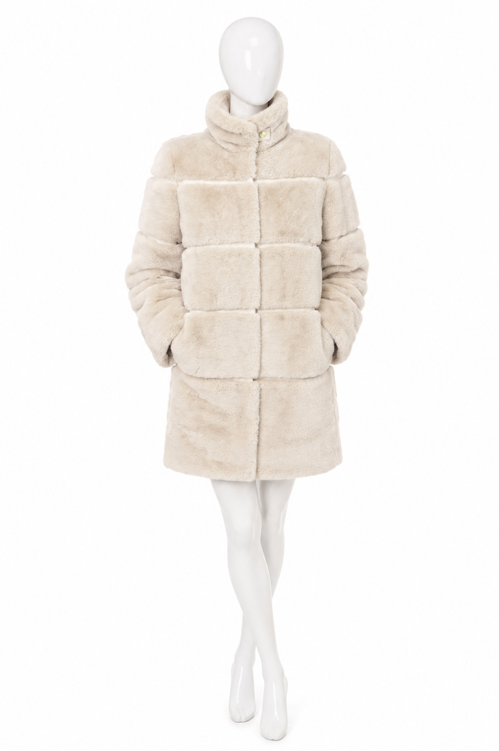 Franchetti Bond Ombretta Beige Faux Fur Coat – Size UK 12 L large ladies