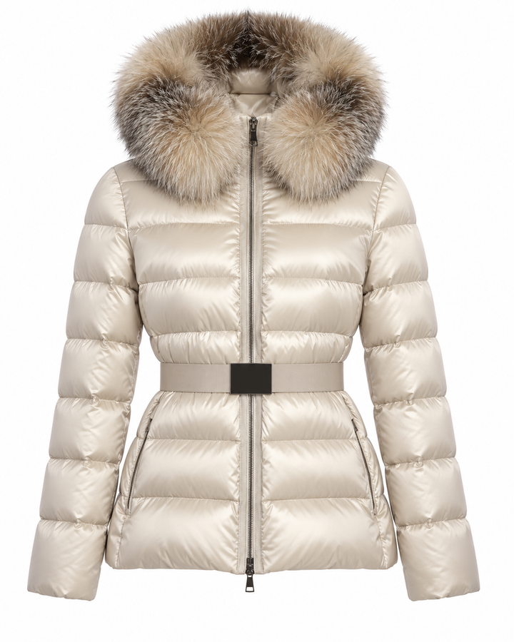 Moncler Tatie Cream Down Puffer Jacket with Real Fox Fur Hood & Belt Size 0 ladies