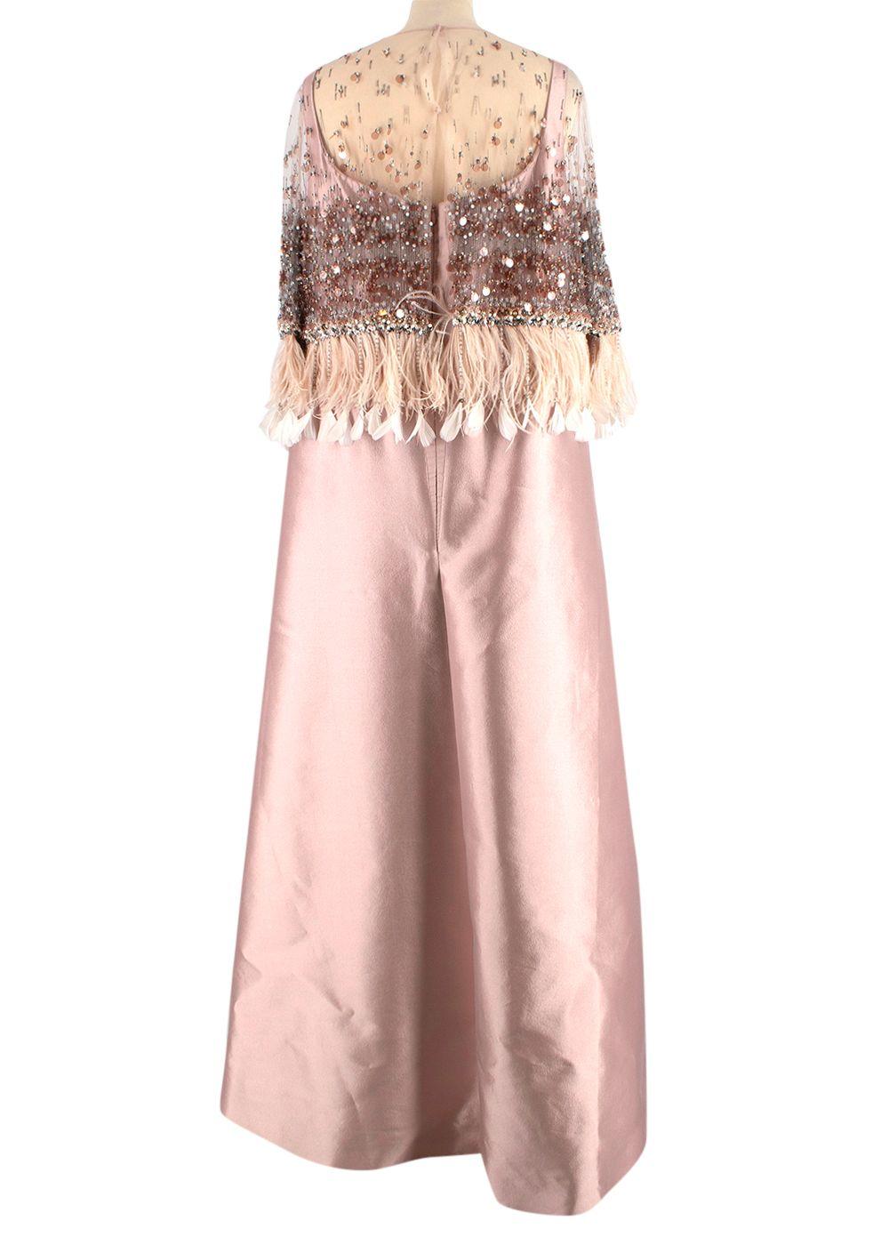 Prada Pink Silk A-line Gown with Crystal & Feather Embellished Cape Overlay Size I 44 L large ladies