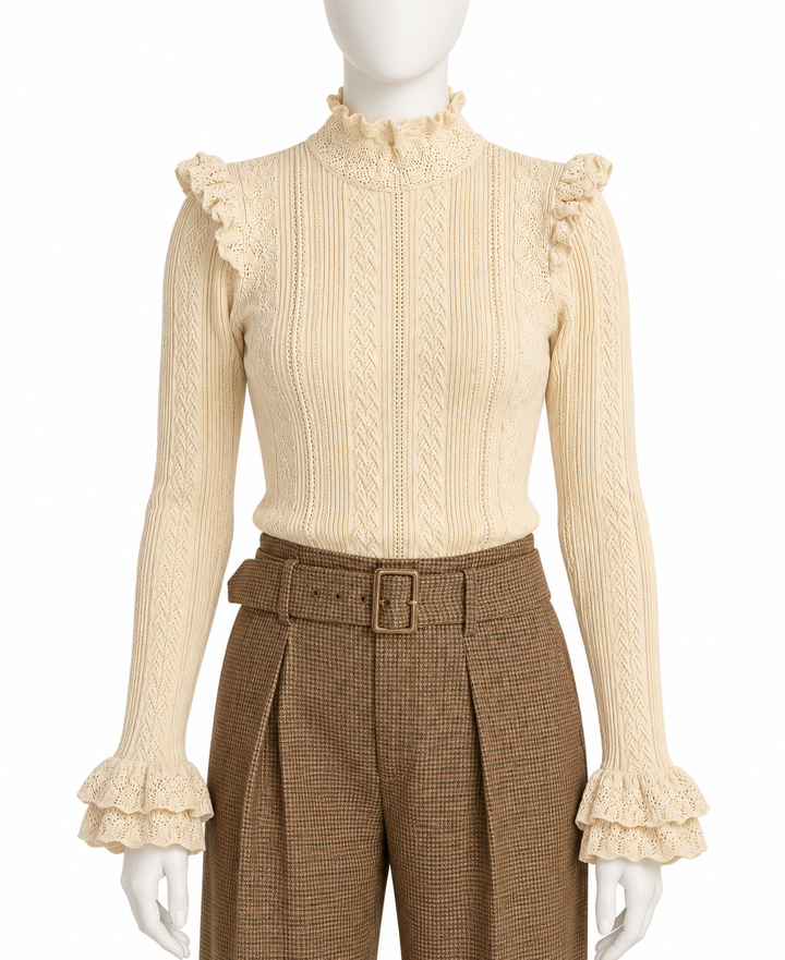 Polo Ralph Lauren Women’s Cream Cable Knit Ruffle Pullover – Size M ladies