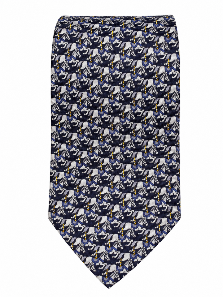Hermès Paris Navy Blue Carousel Horse Jacquard 100% Silk Tie men