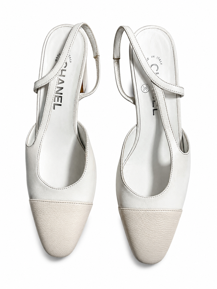 Chanel Cap Toe Slingback Pumps – White/Cream Leather – EU 38 ladies