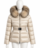 Moncler Tatie Cream Down Puffer Jacket with Real Fox Fur Hood & Belt Size 0 ladies