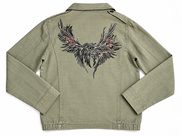 Zadig & Voltaire Khaki Green Linen Military Jacket with Eagle Embroidery ladies