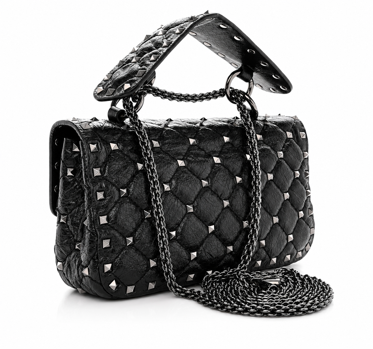 Valentino Garavani Craquele Nappa Small Rockstud Spike Shoulder Bag – Black ladies