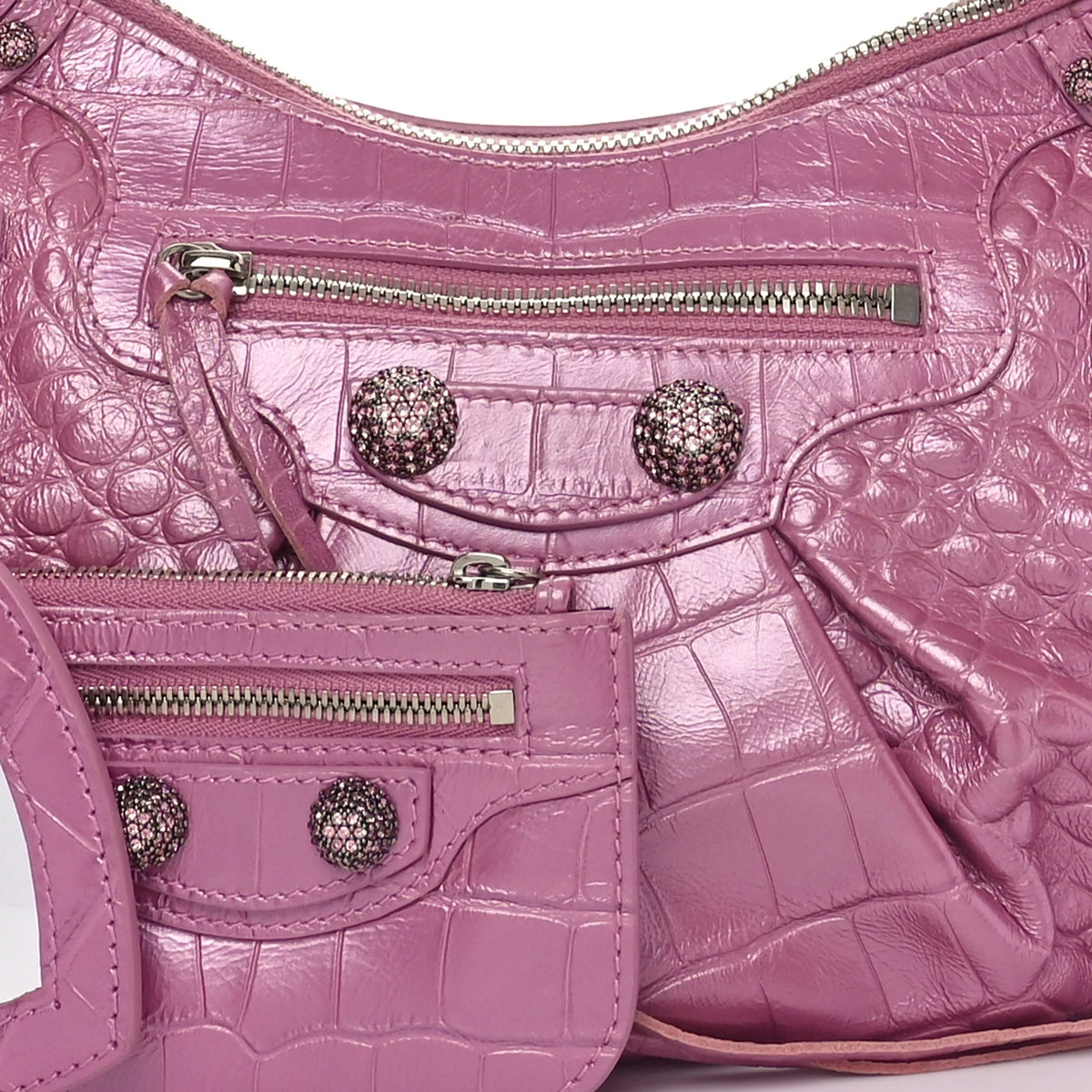 Balenciaga Metallic Extra Supple Calfskin Crystal Crocodile Embossed Small Le Cagole Shoulder Bag – Pink ladies