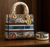 Christian Dior Canvas Embroidered Medium Lady D-Lite Ecru Multicolor Bag Handbag ladies