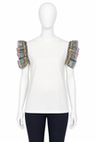 Emilio Pucci White Cotton T-Shirt with Printed Silk Ruffle Sleeves – Size S ladies