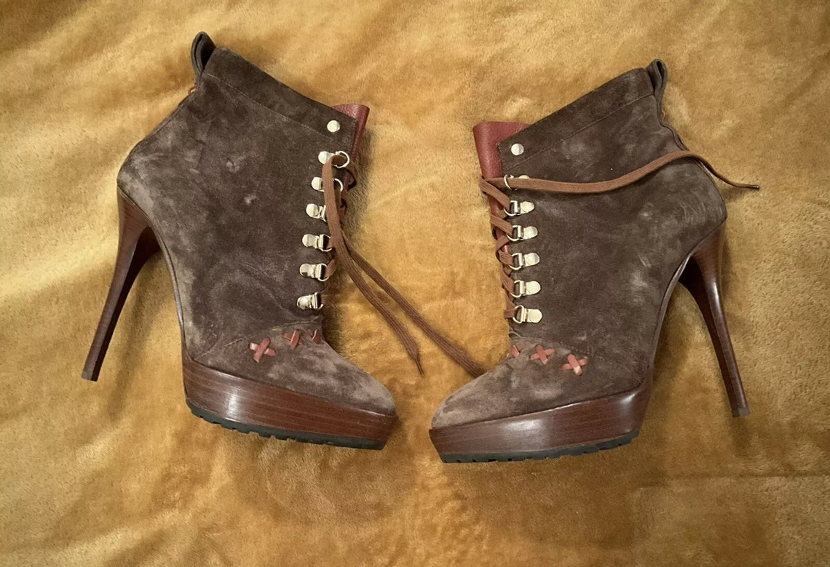 Ralph Lauren Collection Suede Lace Up Booties Heels Size 39.5 UK 6.5 US 9.5 ladies