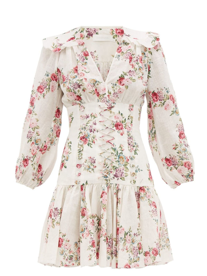 ZIMMERMANN HONOUR CORSET MINI DRESS FLORAL PRINT LINEN Size 2 ladies