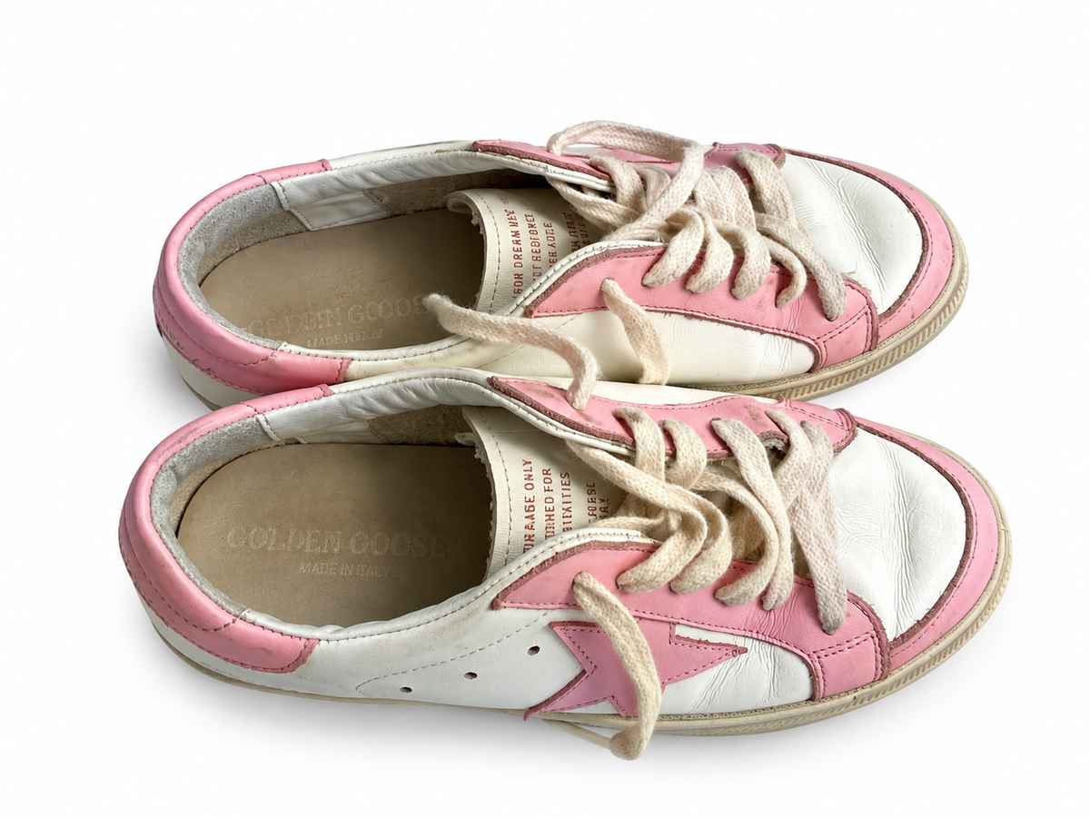 Golden Goose May Kids Pink & White Leather Distressed Trainers – Size 36 children