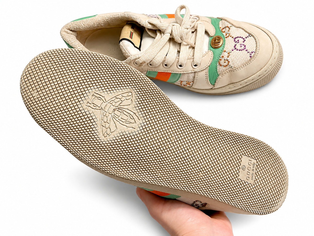 Gucci Calfskin GG Supreme Crystals Web Screener Sneakers 39 Ladies