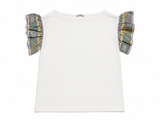Emilio Pucci White Cotton T-Shirt with Printed Silk Ruffle Sleeves – Size S ladies