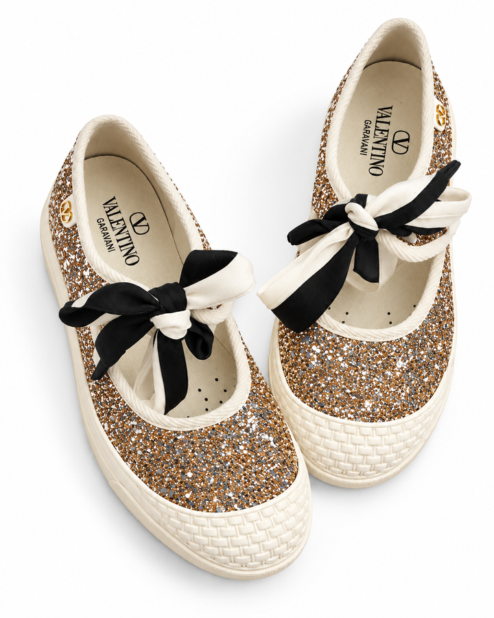 Valentino Garavani Bay By Bay Glitter Ballerina Sneakers Flats Gold Size 38.5 ladies