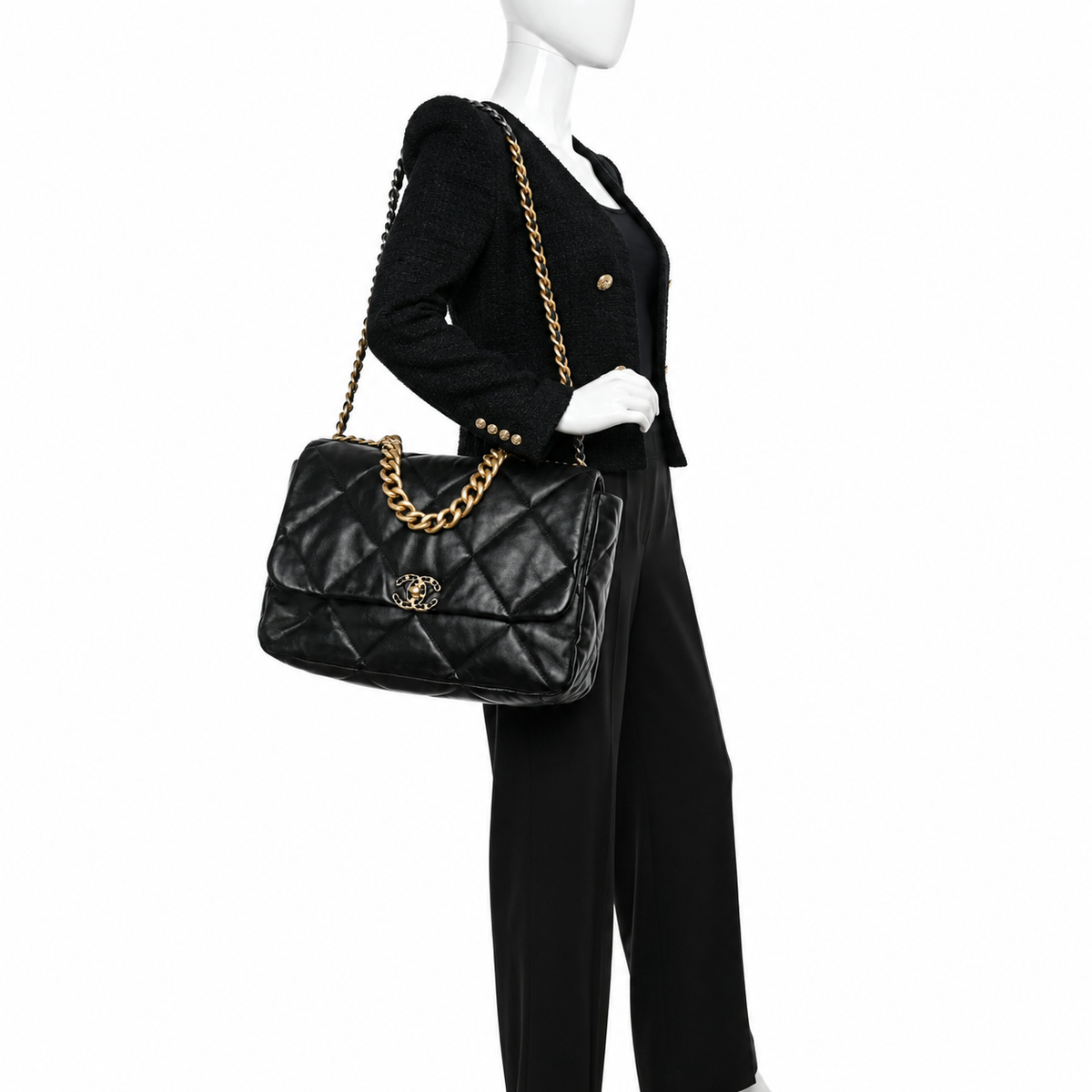 Chanel 19 Maxi Flap Bag – Black Lambskin Leather Handbag ladies