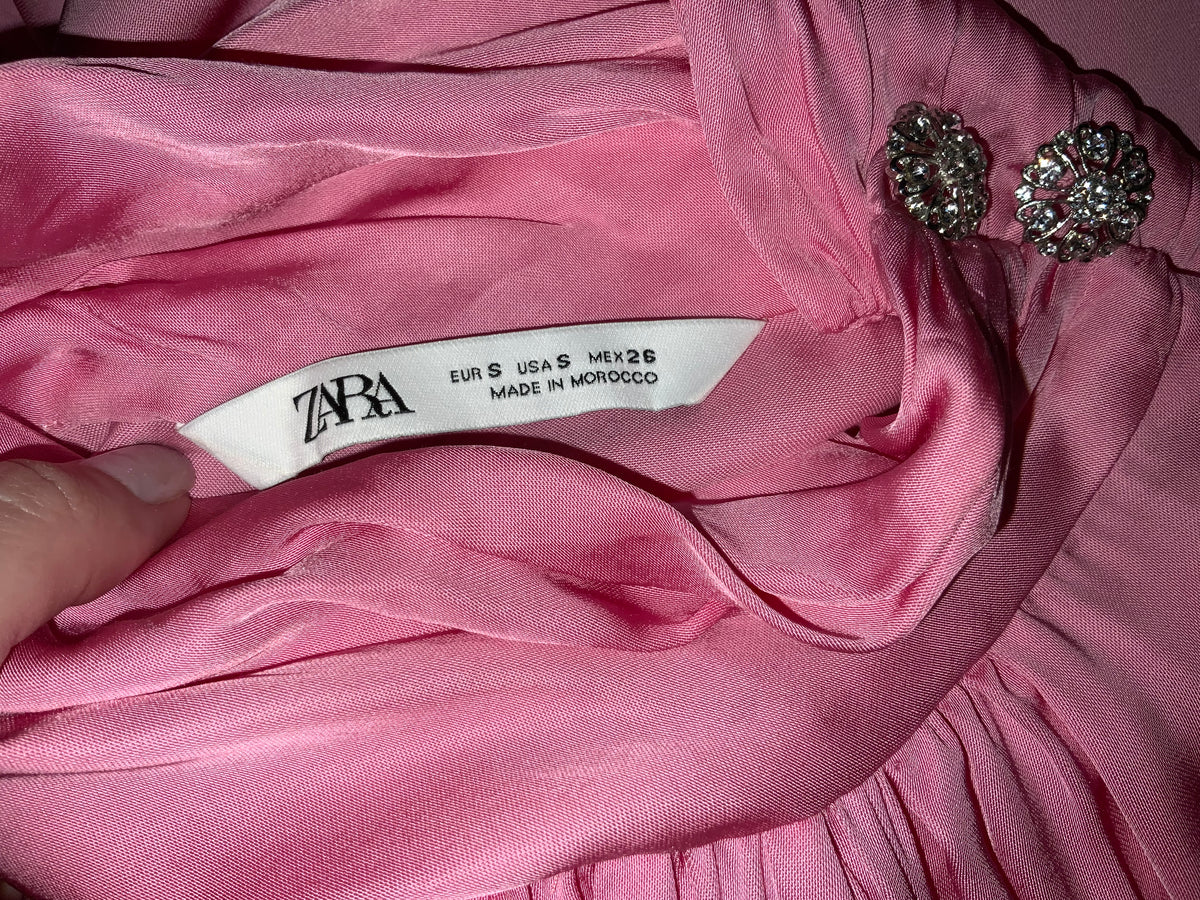 Zara Pink Satin High Neck Midi Dress With Jewel Buttons Size S Small ladies