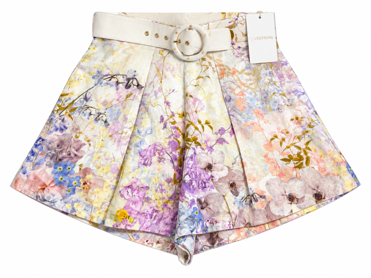 Zimmermann Rhythmic Tuck High-Waisted Floral Linen Shorts – Size 2 / UK 12  ladies